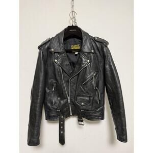 Protech Leather Apparel Jacket Mens 44 Black Leather Biker Moto Belted Zip